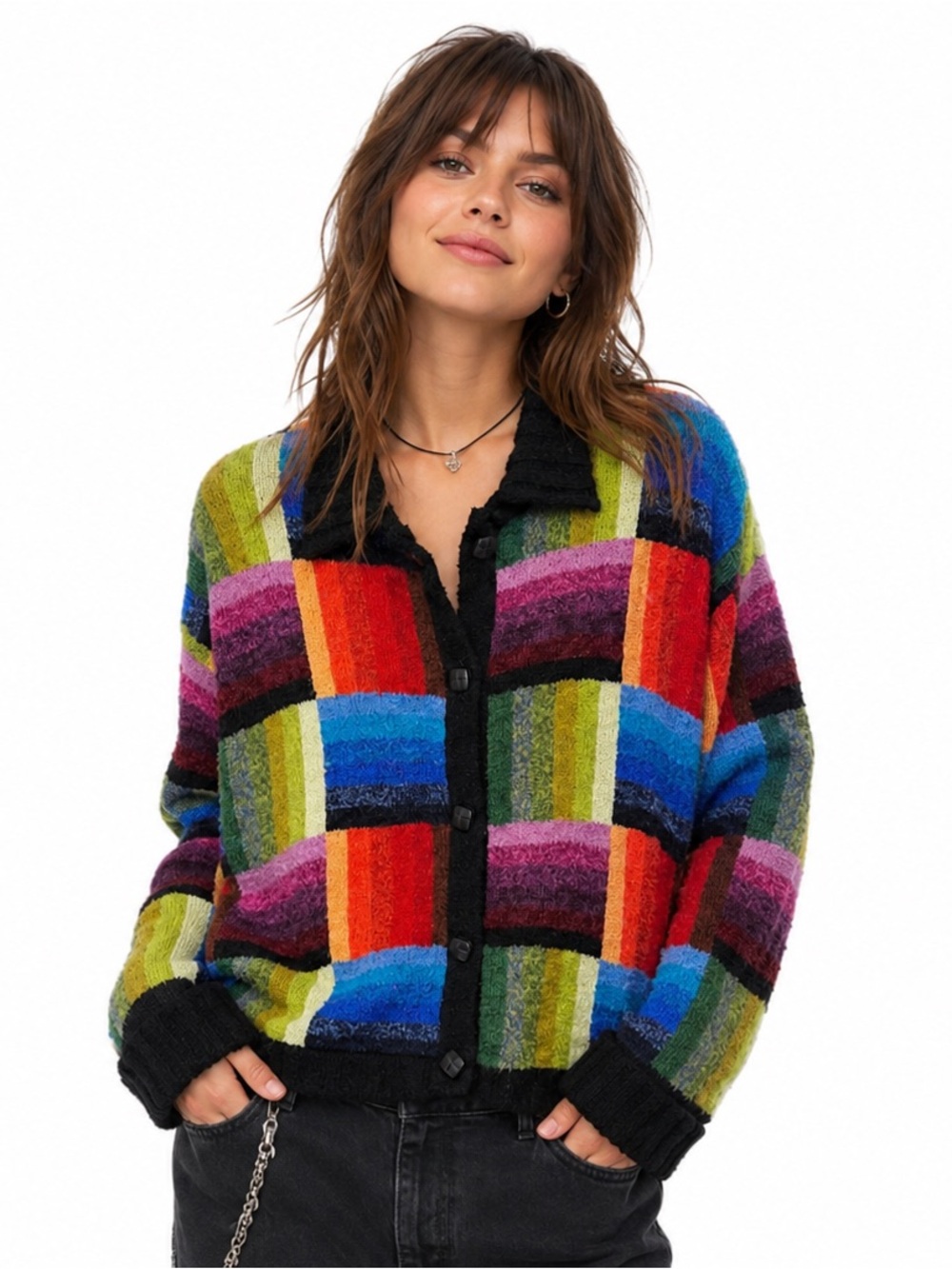 Vintage Design Options Colorblock Patchwork Cardigan Sweater M Boho Artsy Color